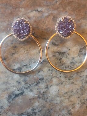 Gold Hoop Earrings with Purple Druzy and Crystal Halo